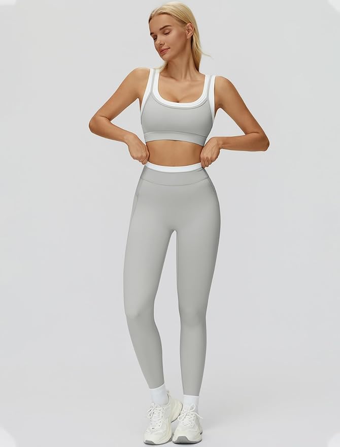Women 2 Piece Workout U Back Color Block Sports Bra High Waist Active Leggings Yoga Pilates Outfits