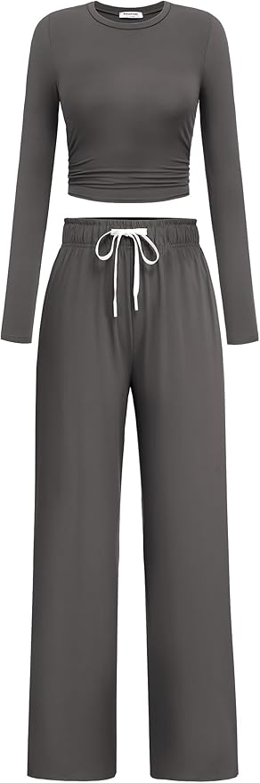 PINSPARK Women 2 Piece Lounge Set Long Sleeve Cropped Top Wide Leg Pants with Pockets 2024 Fall Outfits Matching Tracksuit
