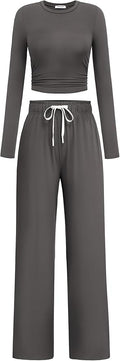 PINSPARK Women 2 Piece Lounge Set Long Sleeve Cropped Top Wide Leg Pants with Pockets 2024 Fall Outfits Matching Tracksuit