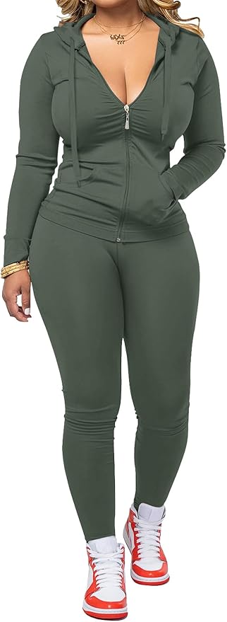 Women Two Piece Outfits Workout Sets Bodycon Legging Jacket Tracksuit Zip Up Hoodie Jogger Matching Sweat Pants Set
