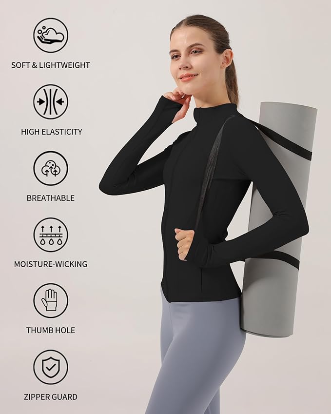 Locachy Women's Slim Fit Full Zip Athletic Running Sports Workout Jacket with Thumb Holes
