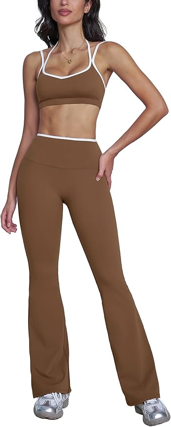 ABOCIW Workout Sets for Women 2 Piece Color Block Strappy Sports Bra High Waist Flare Leggings Gym Yoga Pilates Outfits