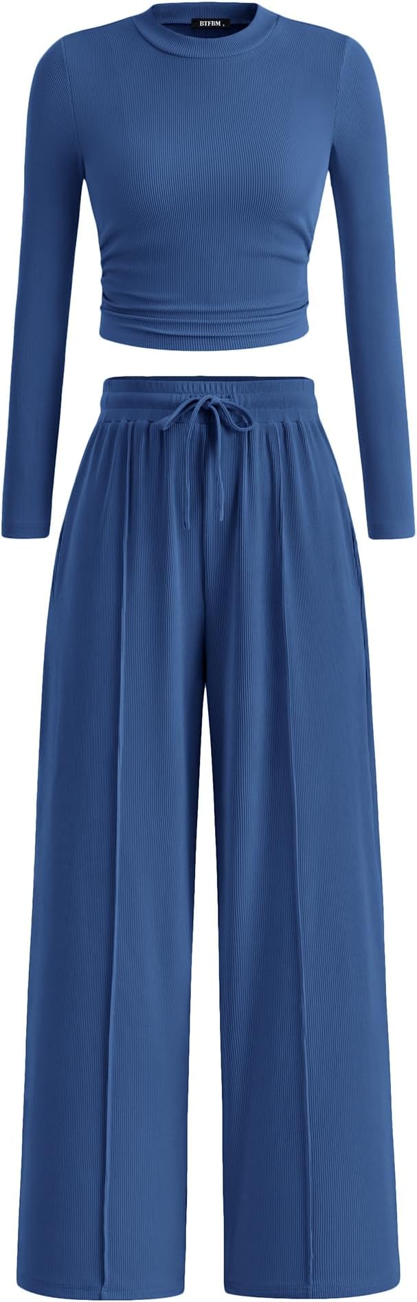 BTFBM Casual 2 Piece Sets For Women Fall Outfits 2026 Ribbed Spring Long Sleeve Crop Top Wide Leg Pants Matching Lounge Set