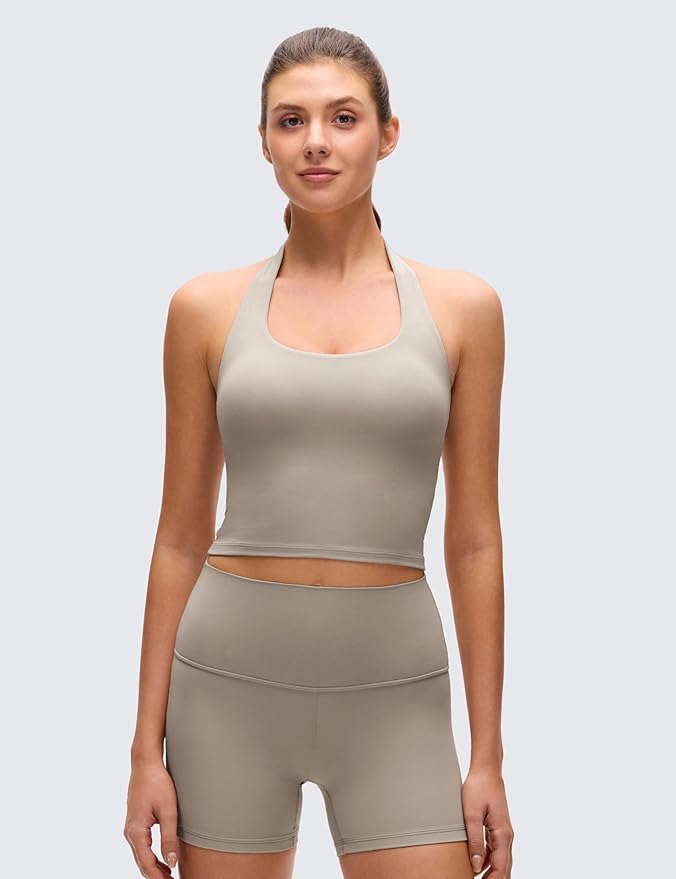 CRZ YOGA Butterluxe Halter Crop Tank Tops for Women - Open Back Padded Longline Sports Bras Workout Gym