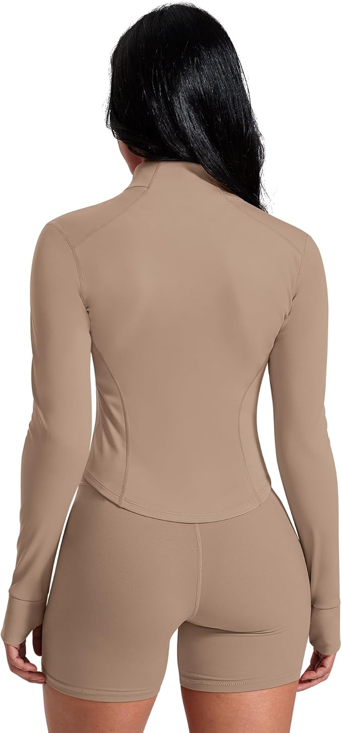 AVGO Women's Workout Jacket Lightweight Zip Up Crop Top Running Sportwear Slim Fit Gym Jackets With Thumb Holes