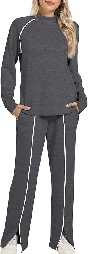 WIHOLL Lounge Sets for Women 2 Piece Fall Outfits 2025 Wide Leg Pant Matching Sets Womens Clothing