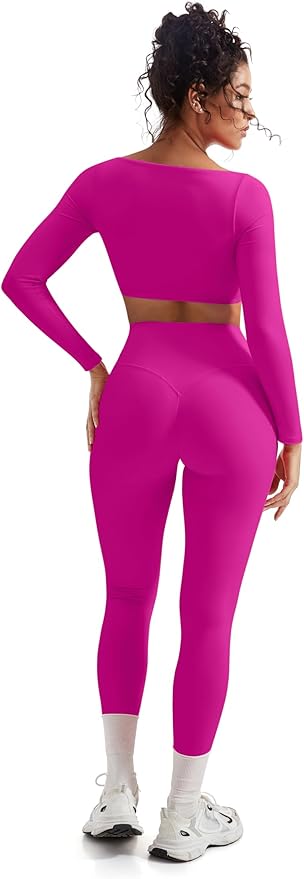 SUUKSESS Women 2 Piece Workout Sets Compression Tummy Control Leggings with Pockets Long Sleeve Square Neck Padded Crop Tops