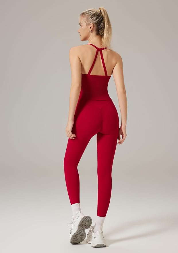 RXRXCOCO Cross Back Workout Sets for Women 2 Piece Padded Tank Tops Hidden Scrunch Leggings Gym Outfits with Pockets