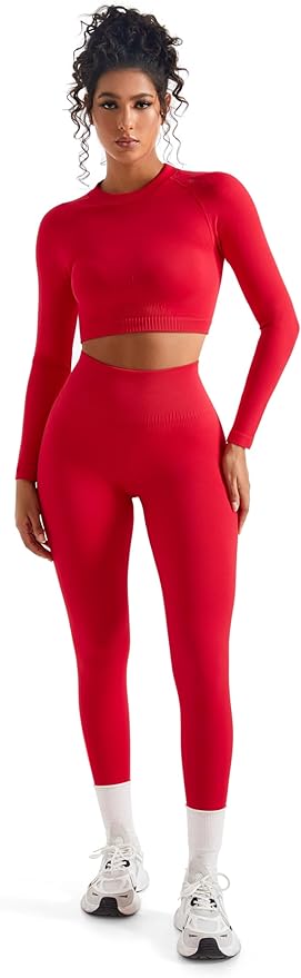 SUUKSESS Women 2 Piece Workout Sets Hidden Scrunch Hip Lifting Seamless Leggings Long Sleeve Yoga Crop Tops