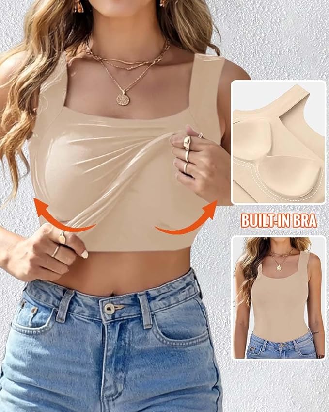 CHICME Womens U Neck Shapewear Built-in Bra Tank High Strechy Sleeveless Slim Fit Tops Camisole Workout Tops
