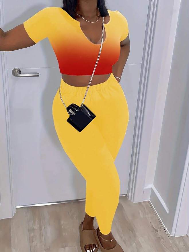 Nimsruc 2 Piece Sets For Women Sexy Casual Workout Crop Short Sleeve Long pants Leggings Sets Summer Active Wear