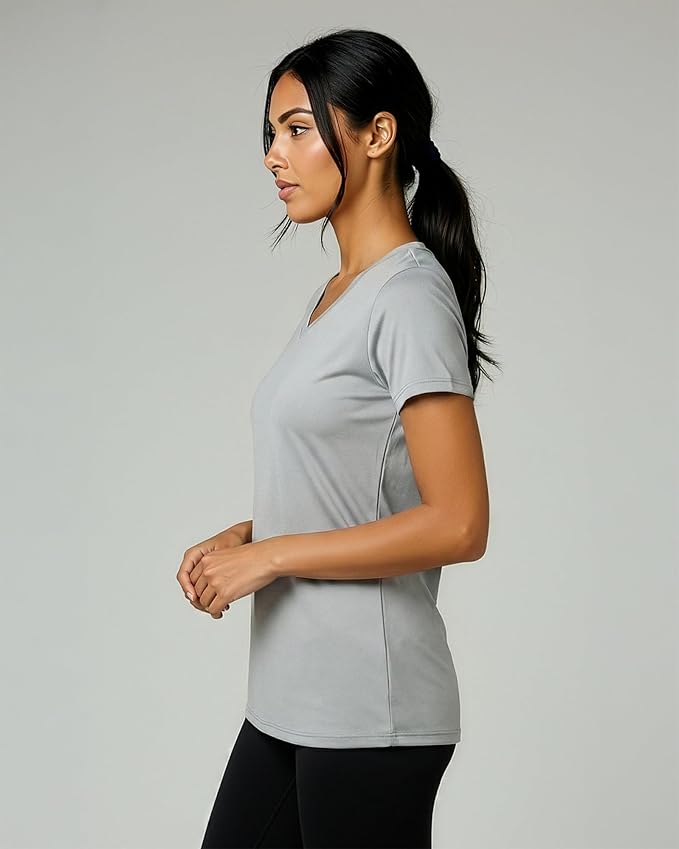 Real Essentials 5 Pack: Women's Dry-Fit Short Sleeve V Neck T Shirt Workout Fitness Yoga Top Tee (Available in Plus Size)