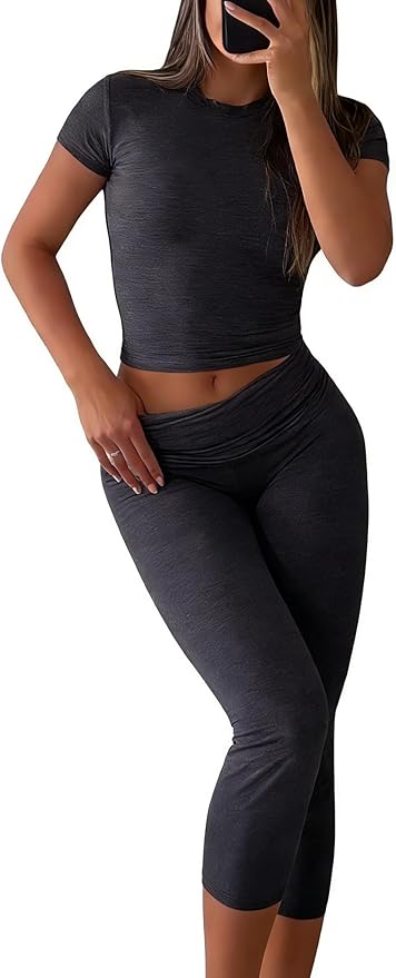 YETOWA Womens 2 Piece Workout Sets High Waisted Tummy Control Crop Top Capri Leggings Stretchy Soft Activewear