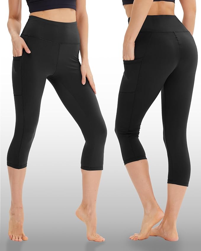 NexiEpoch 4 Pack Leggings for Women - High Waisted Tummy Control Soft Black Capri Yoga Pants with Pockets for Workout