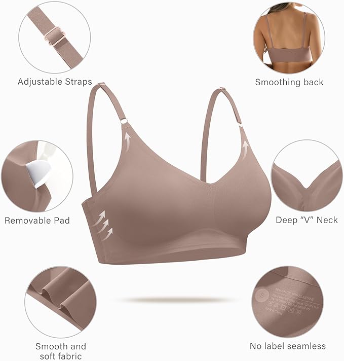 DEANGELMON V Neck Bra Padded Seamless Adjustable Straps Bralettes Everyday Basic Sleeping Bras Multiple Pack