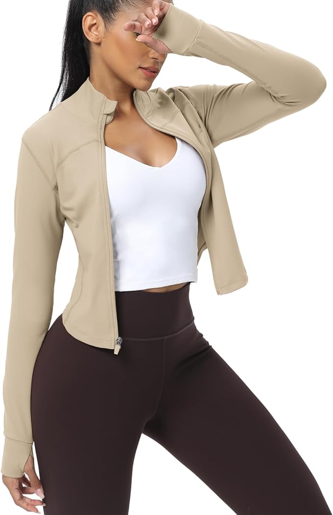 AVGO Women's Cropped Running Workout Jackets Zip Slim Fit Athletic Tops with Thumb Holes