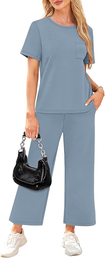 WIHOLL 2 Piece Sets for Women Casual Summer Travel Vacation Outfits Short Sleeve Wide Leg Crop Pants Lounge Sets