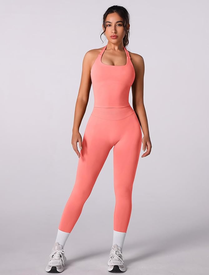 ABOCIW Workout Sets for Women Seamless Scunch Butt Lifting Impact Leggings Halter Sports Bra 2 Piece Gym Outfits