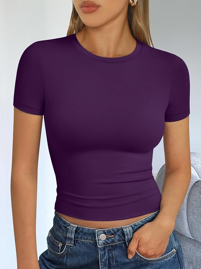 Trendy Queen Womens Short Sleeve T Shirts - Buttery Soft Summer Crop Tops Slim Fit Y2k Basic Tees for Workout