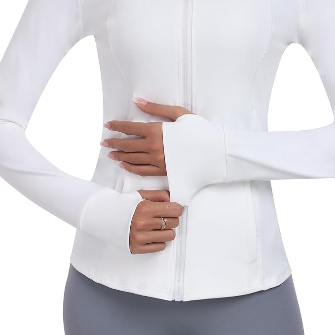 Women's Athletic Full Zip Lightweight Workout Jacket With Pockets Running Slim Fit Yoga Sportwear With Thumb Holes