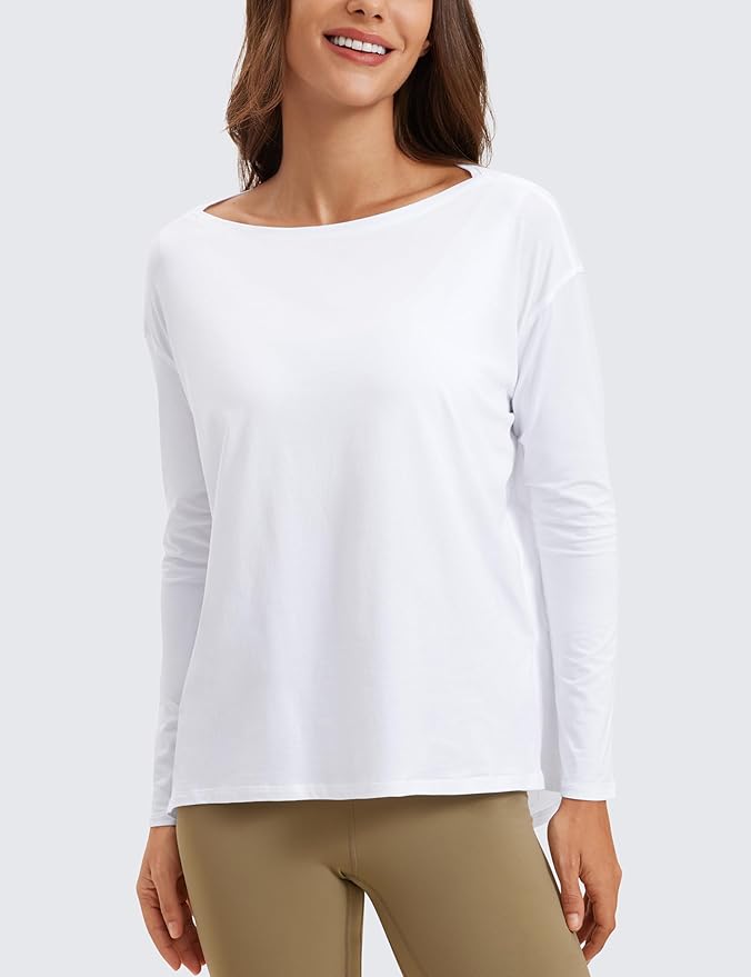 CRZ YOGA Pima Cotton Boat Neck Long Sleeve Shirts for Women - Workout Athletic Yoga Casual Tops Loose Fit Fall T-Shirts