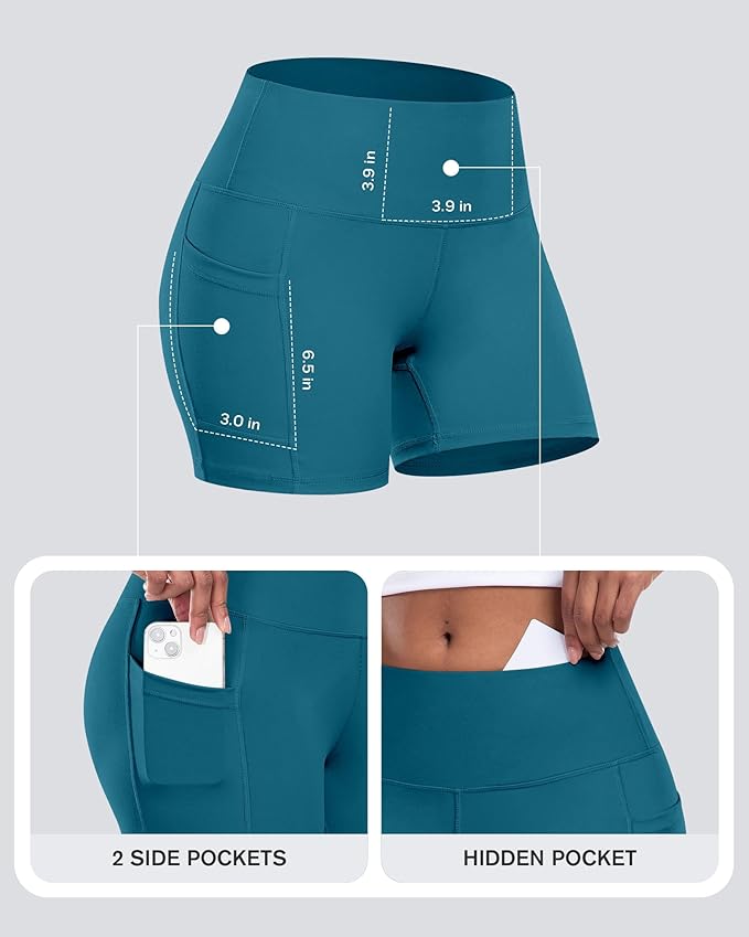 CHRLEISURE Womens Biker Yoga Shorts with Pocket, High Waisted Tummy Control 5 Inch Workout Spandex Athletic Gym Shorts