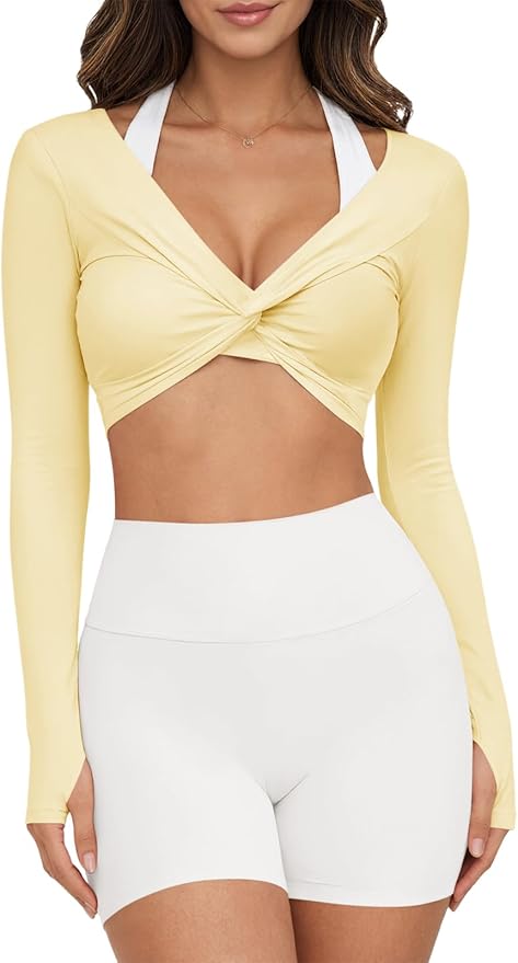 Yousify Womens Long Sleeve Workout Crop Tops Twist Deep V Neck Y2k Yoga Pilates Ballet T Shirt Top with Thumb Holes