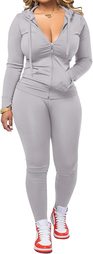 Women Two Piece Outfits Workout Sets Bodycon Legging Jacket Tracksuit Zip Up Hoodie Jogger Matching Sweat Pants Set