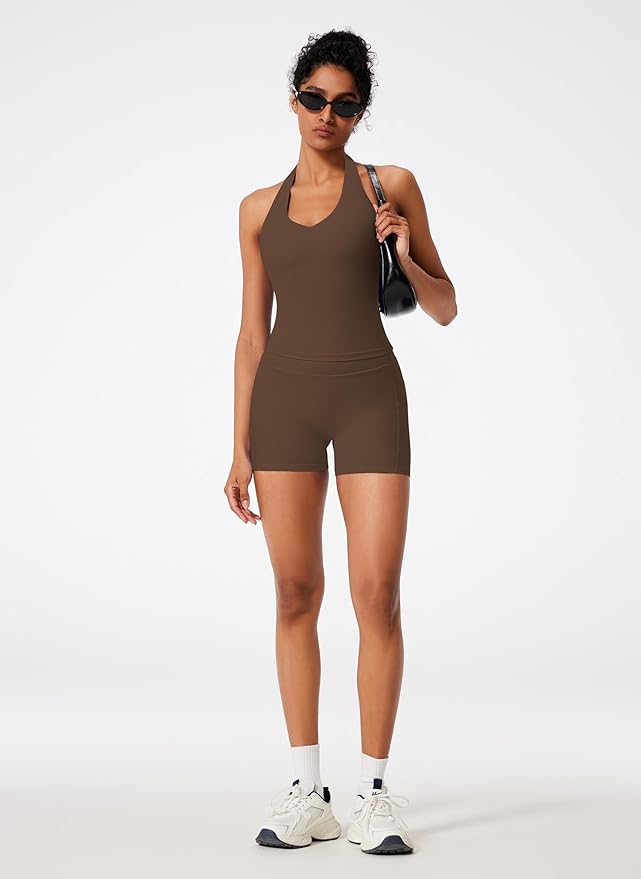 RXRXCOCO Halter Workout Sets for Women 2 Piece V Neck Tank Tops Hidden Scrunch Booty Shorts Gym Outfits with Pockets