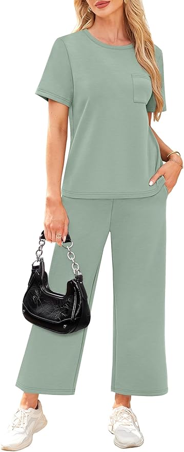 WIHOLL 2 Piece Sets for Women Casual Summer Travel Vacation Outfits Short Sleeve Wide Leg Crop Pants Lounge Sets