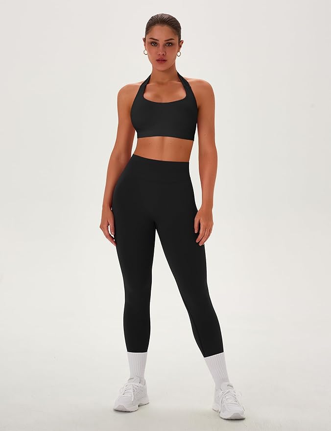 TDIFFUN Women Workout Sets 2 Piece Seamless Scrunch Butt Leggings Padded Halter Sports Bra Matching Set Gym Yoga Outfits
