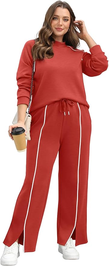 WIHOLL Lounge Sets for Women 2 Piece Fall Outfits 2025 Wide Leg Pant Matching Sets Womens Clothing