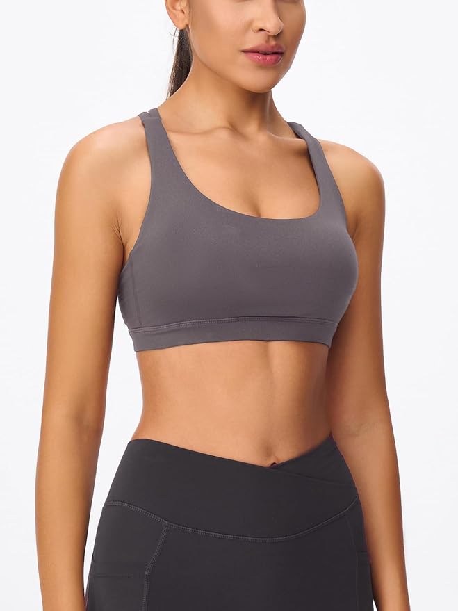 Women's Strappy Sports Bras Light Compression Crop Criss Cross Back Padded Workout Yoga Bra Supportive U Neckline