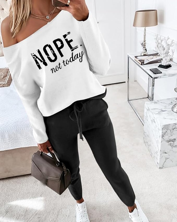 CHICME Women Tracksuit Fall 2 piece Outfits Off The Shoulder Long Sleeve Tops and Pants Set Travel Outfits