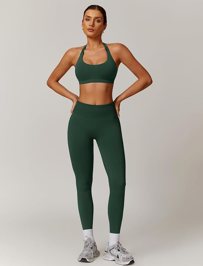 ABOCIW Workout Sets for Women Seamless Scunch Butt Lifting Impact Leggings Halter Sports Bra 2 Piece Gym Outfits