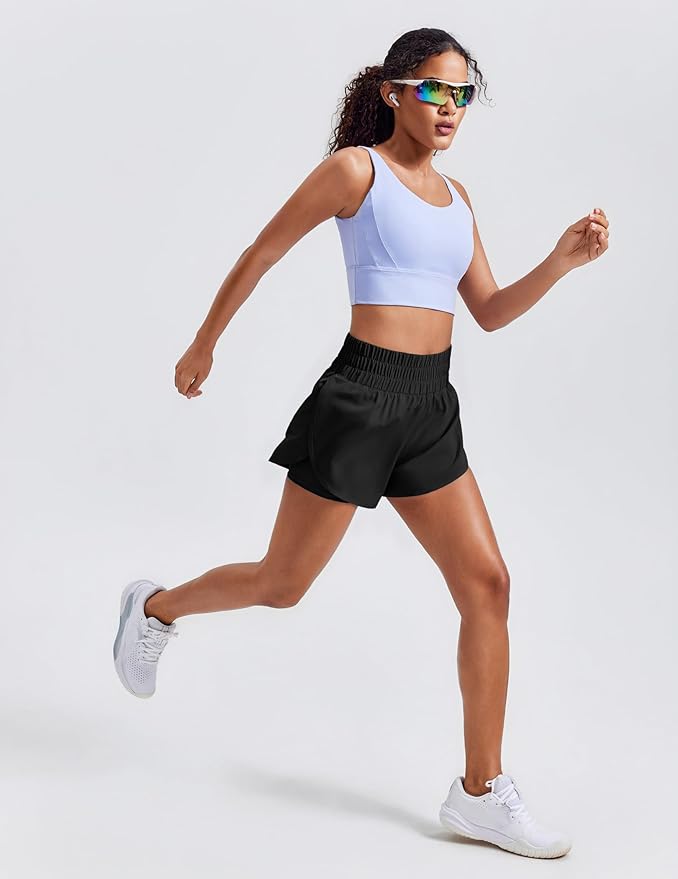 PINSPARK Women's 2 in 1 Running Shorts High-Split Athletic Short High Waisted 3" Liner Workout Gym Short with Pockets