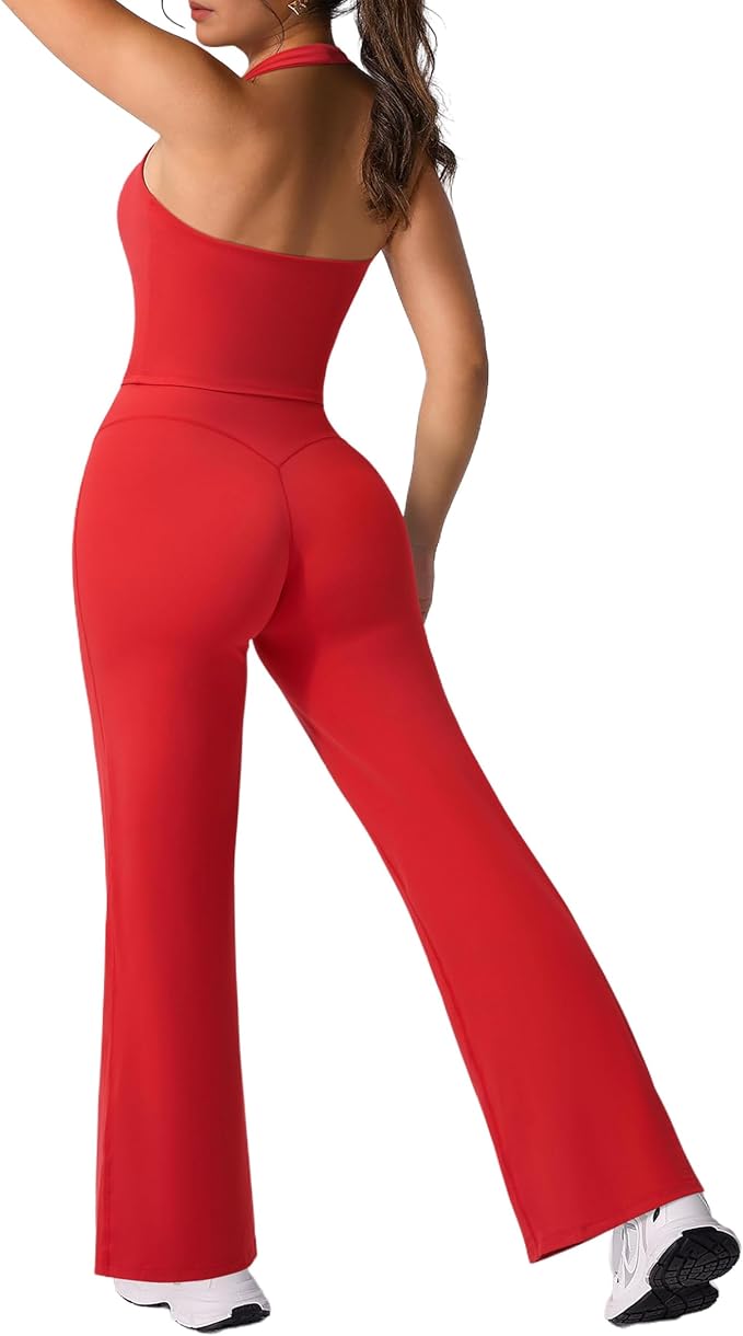 RXRXCOCO Halter Workout Sets for Women 2 Piece Padded Crop Tank Tops Straight Leg Yoga Pants Outfits with Hidden Pocket