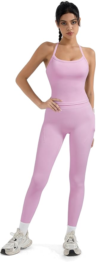 SUUKSESS Women 2 Piece Workout Sets Compression Tummy Control Leggings with Pockets Halter Built in Bra Tank Tops