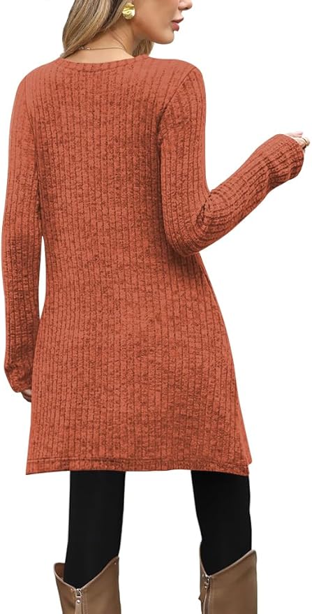 Poetsky Women Long Sleeve Tunic Tops to Wear with Leggings Side Buttons Long Shirts Rib Sweater Dress with Pockets S-3XL