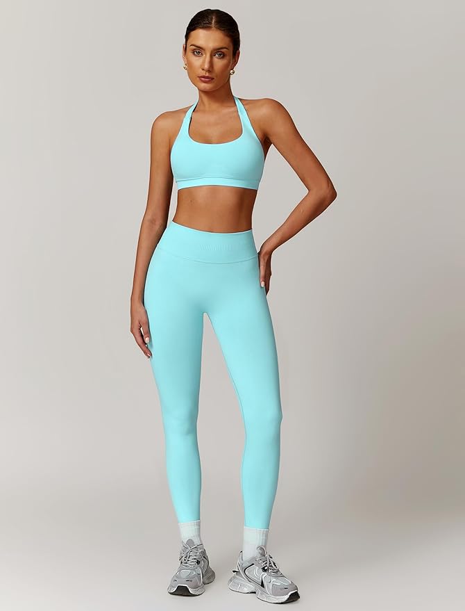 ABOCIW Workout Sets for Women Seamless Scunch Butt Lifting Impact Leggings Halter Sports Bra 2 Piece Gym Outfits