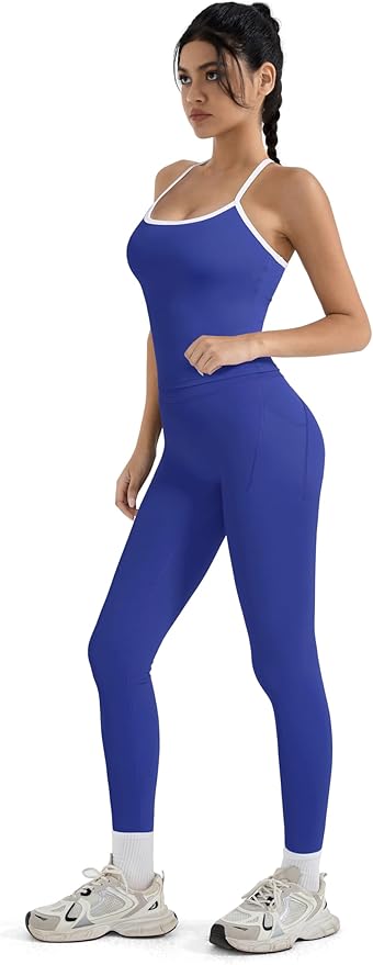 SUUKSESS Women 2 Piece Workout Sets Compression Tummy Control Leggings with Pockets Halter Built in Bra Tank Tops