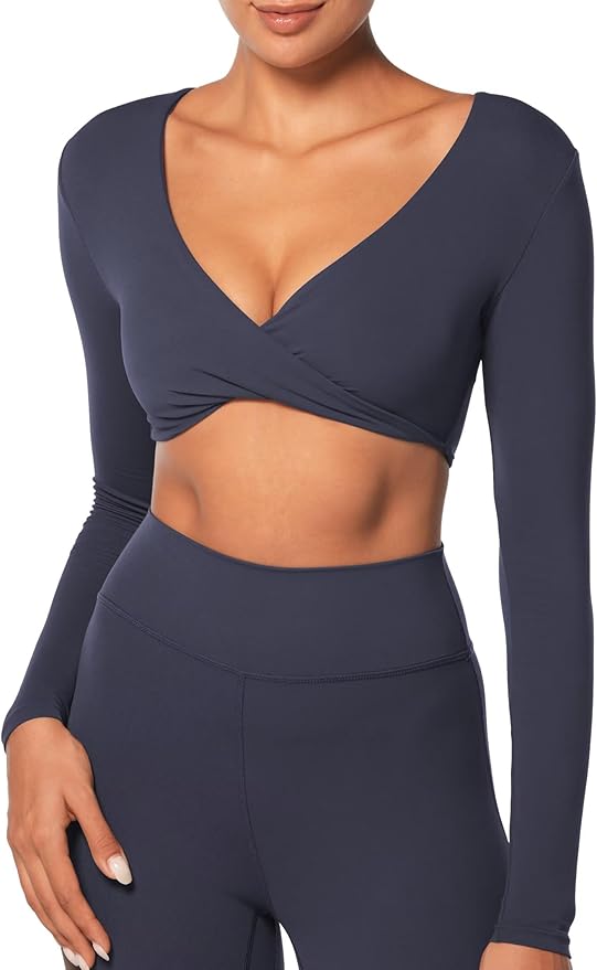 Sunzel Long Sleeve Workout Tops for Women Buttery Soft Deep V Twist Cropped Tops with Compression for Yoga Pilates Gym Outfit