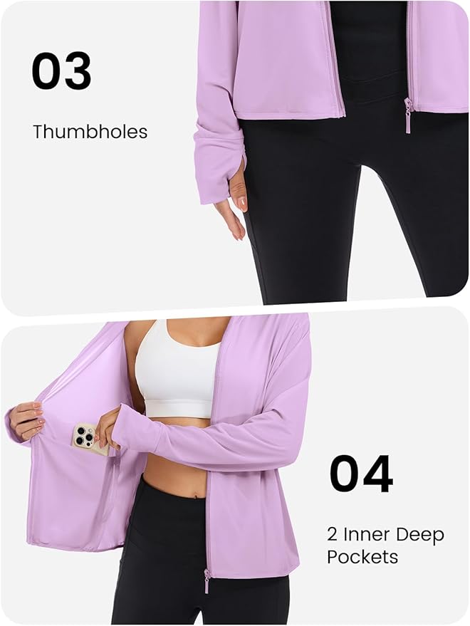 VUTRU Women UPF 50+ Sun Protection Jacket Hoodie Lightweight Full Zip Pockets Running Shirts Long Sleeve for Hiking Outdoor