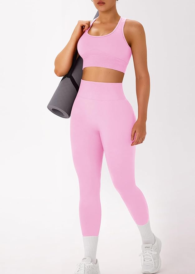 OLCHEE Womens Workout Sets 2 Piece - Acid Wash Seamless Yoga Outfits High Waist Leggings Padded Racerback Sports Bra Gym Set