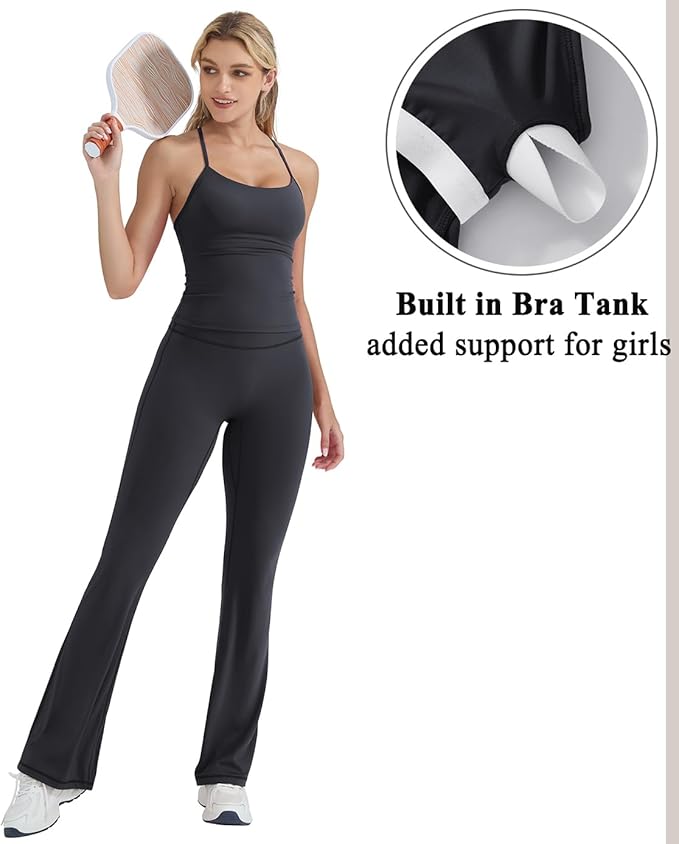 OMKAGI 2 Piece Workout Sets for Women Padded Tank Tops Flare Leggings Pilates Outfits