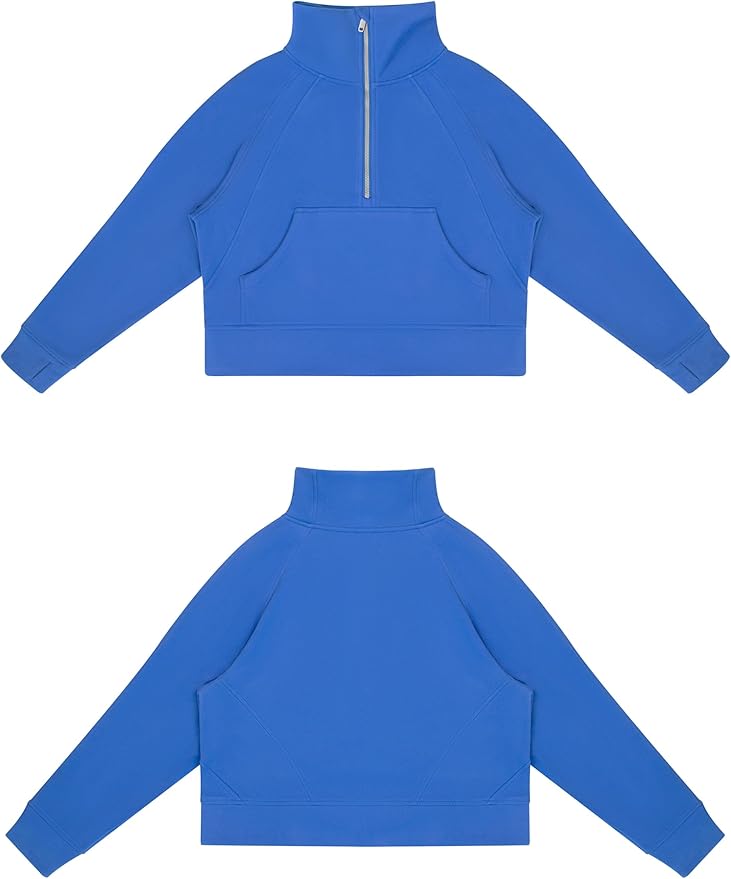 THE GYM PEOPLE Womens' Half Zip Pullover Fleece Stand Collar Crop Sweatshirt with Pockets Thumb Hole
