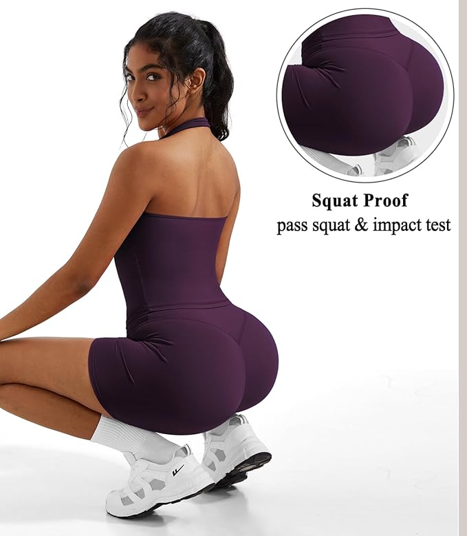 OMKAGI 2 Piece Workout Sets for Women Halter Sports Bra Tank Gym Biker Shorts Outfits