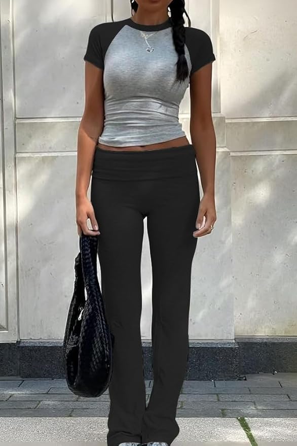 ZFLM Casual Workout Two Piece Outfits for Women Short Sleeve Crop High Waist Foldover Flare Pants Tracksuit Sets Streetwear