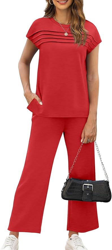 WIHOLL Two Piece Sets for Women Summer Spring Travel Vacation Outfits Cap Sleeve Lounge Matching Sets Wide Leg Pants S-3XL