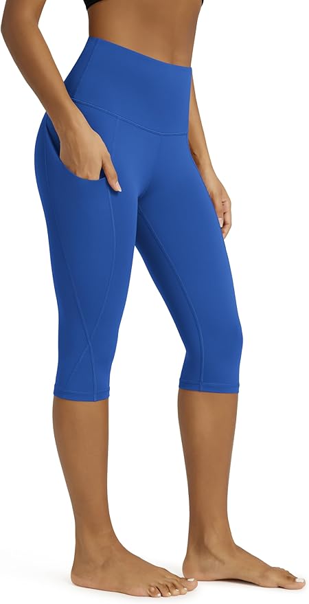 ODODOS Women's High Waisted Yoga Capris with Pockets, Tummy Control Non See Through Workout Athletic Running Capri Leggings